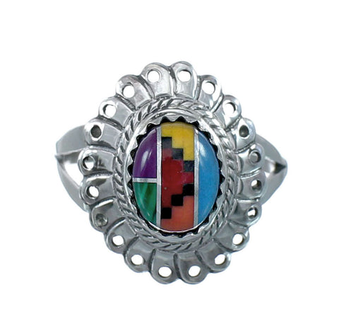 Southwestern Manmade Multicolor Inlay Sterling Silver Ring Size 8 JX130279